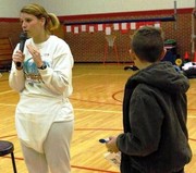 Mrs. McVey dressed as a baby for the coach's challange during jump rope for heart.